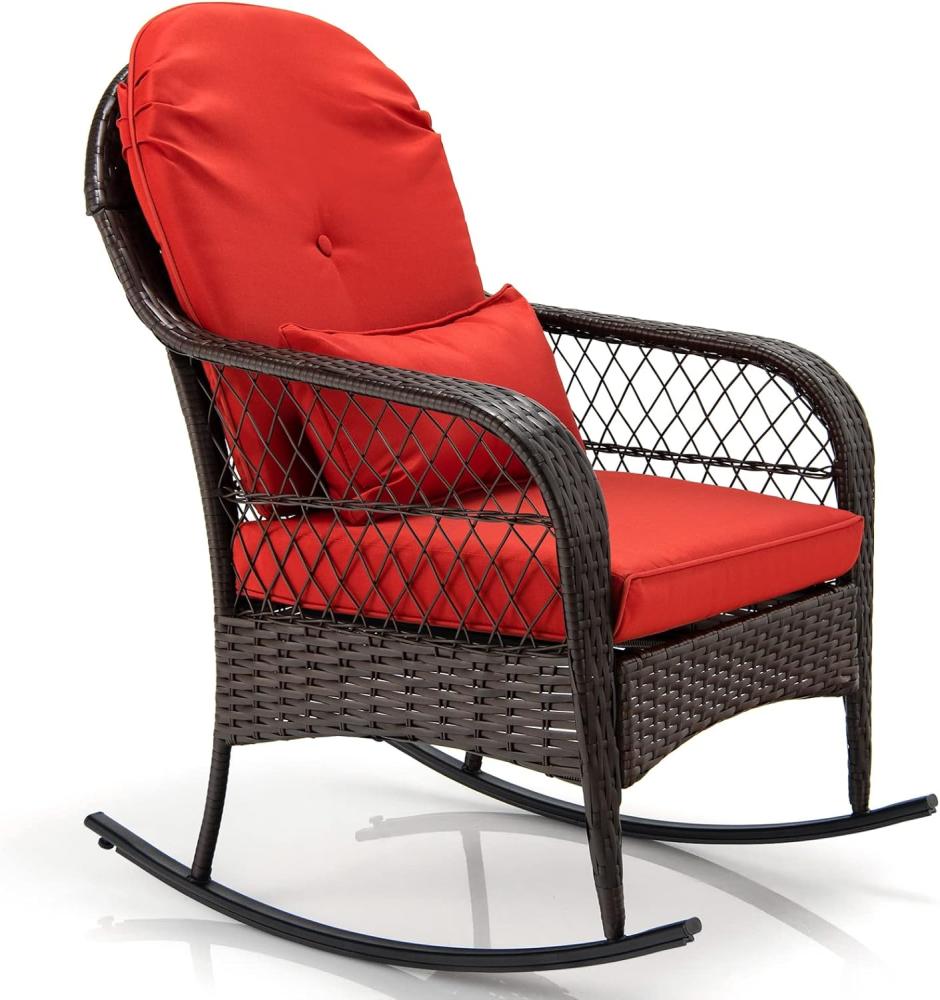 COSTWAY Schaukelstuhl Rattan mit roten Kissen, Relaxliege Rattanschaukelstuhl Relaxseesel für Hinterhof, Garten, Balkon 67 x 87 x 95 cm Bild 1