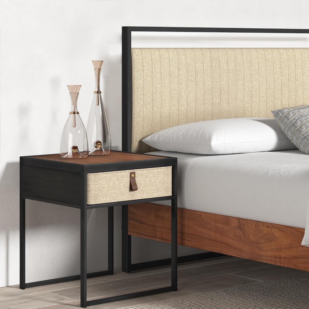 Zinus Ilsang Nachttisch 45 x 43 x 52 cm - Metall und Holz Beistelltisch - Taupe Stoff Schublade - Braun und Schwarz Bild 1