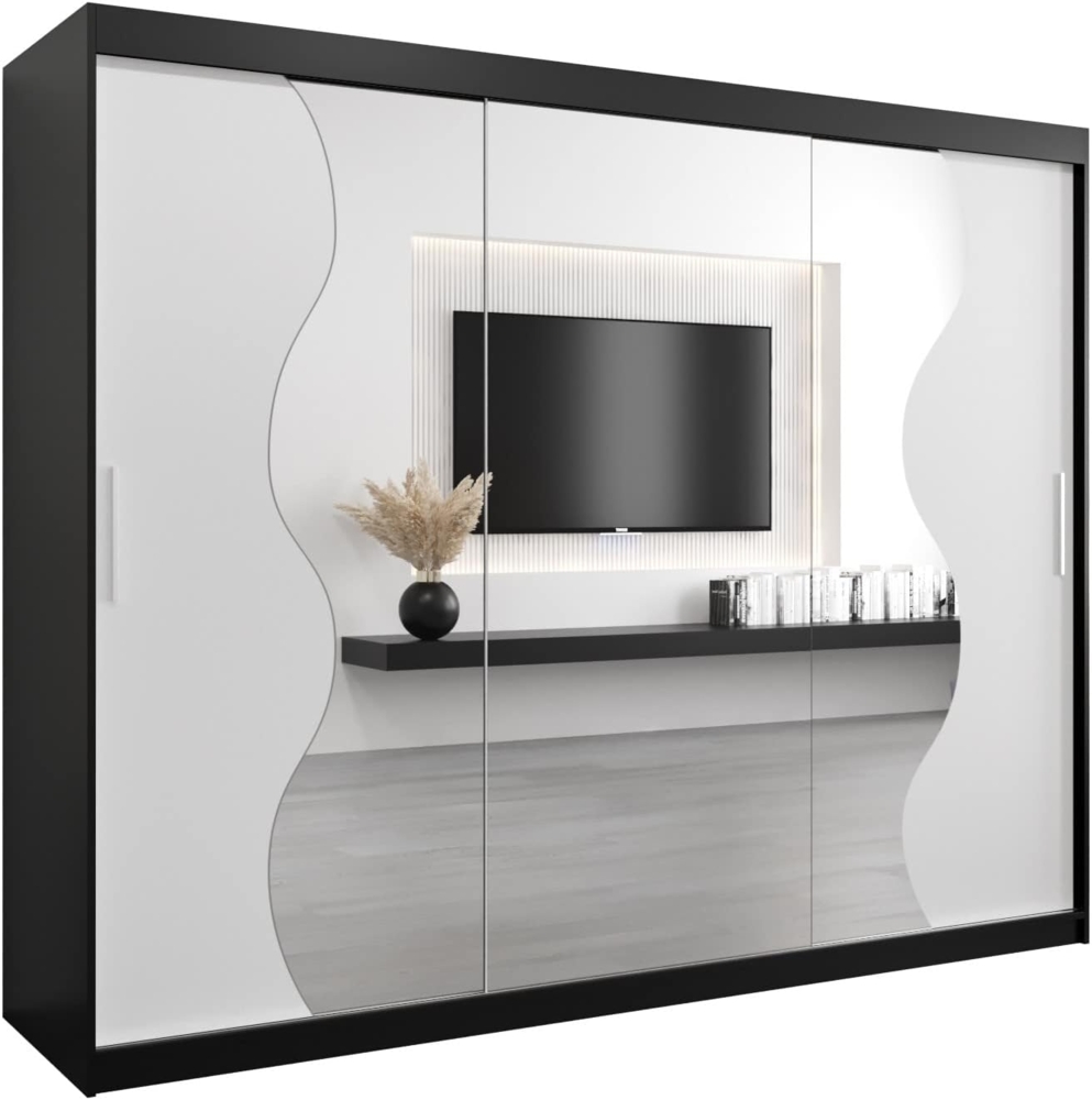 KRYSPOL Schwebetürenschrank Madryt 250 cm mit Spiegel Kleiderschrank mit Kleiderstange und Einlegeboden Schlafzimmer- Wohnzimmerschrank Schiebetüren Modern Design (Schwarz + Weiß) Bild 1