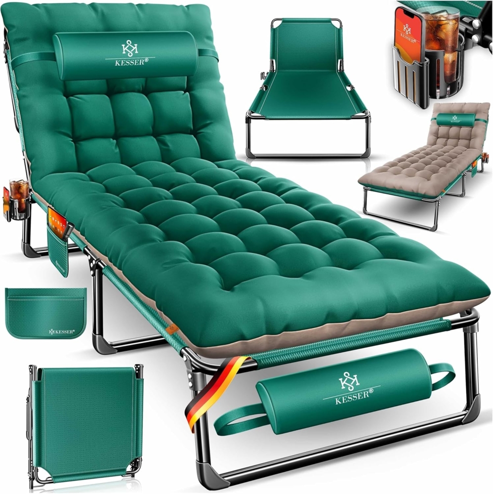 KESSER® Campingbett klappbar mit Tragetasche, Nackenkissen, Vakuumtasche & Getränkehalter, 190 x 68 x 30 cm bis 250 kg belastbar, aus Oxford-Gewebe und stabilem Stahlgerüst, ideal für Garten Camping Taupe / Grün Bild 1
