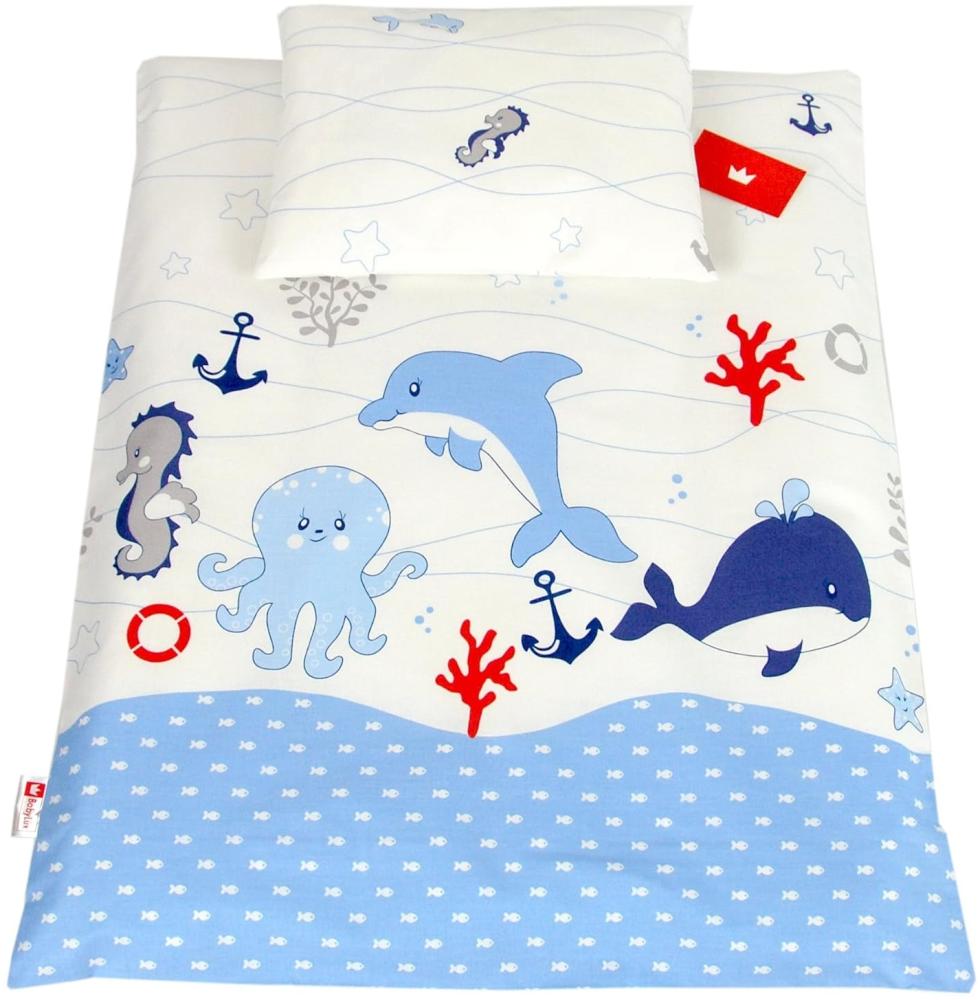 BABYLUX 2 tlg. Set Bezug für Kinderwagen Stubenwagen oder Wiege Garnitur Bettwäsche Kissen Decke 60 x 78 cm (74. Fische Blau) Bild 1