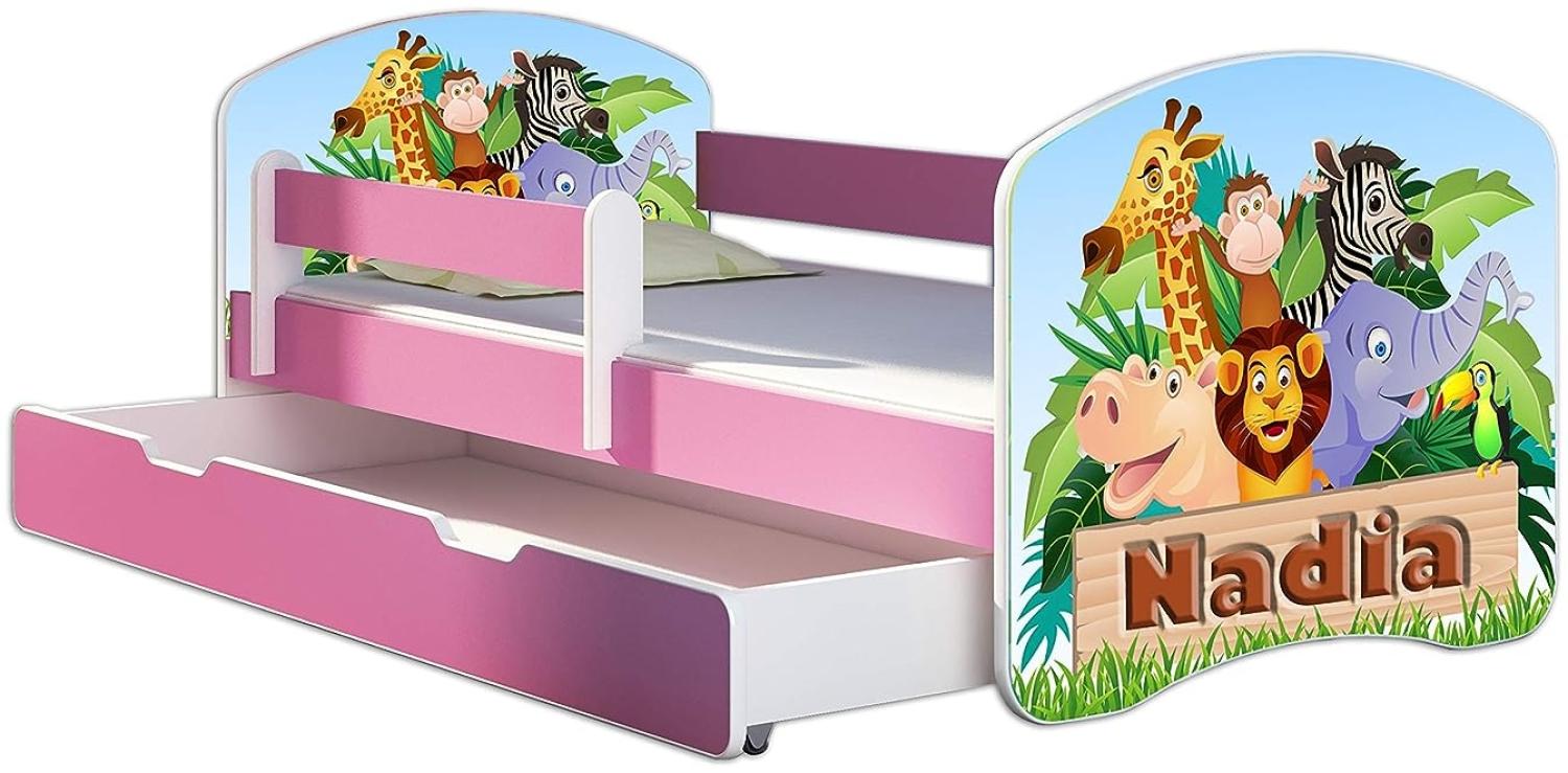 Kinderbett Jugendbett mit einer Schublade und Matratze Rausfallschutz Rosa 70 x 140 80 x 160 80 x 180 ACMA II (02N Animals name, 80 x 160 cm mit Bettkasten) Bild 1