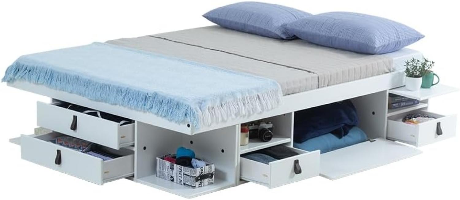 Funktionsbett Bali 140x190 Weiß - Schrankbett mit viel Stauraum u. Schubladen, optimal für kleine Schlafzimmer - Bett mit Aufbewahrung aus MDF Weiss lackiert – Schubladenbett inkl Lattenrost Bild 1