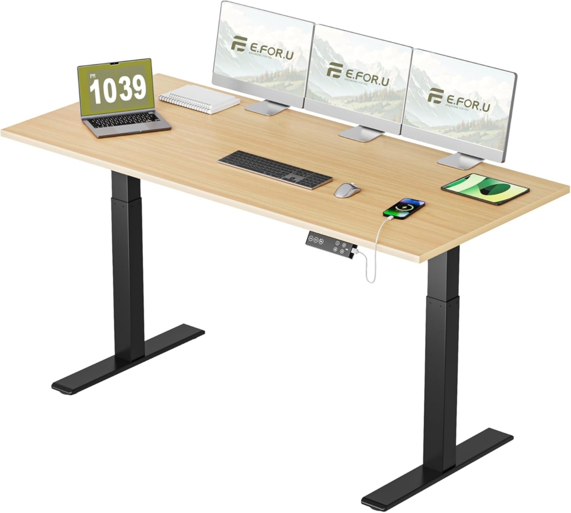 E.For.U® höhenverstellbarer Schreibtisch 180x80 cm, 2 Motoren, elektrisch höhenverstellbares Tischgestell mit 2-Fach-Teleskop, Memory-Steuerung (Schwarz), DT20L mit Tischplatte (Buche) Bild 1