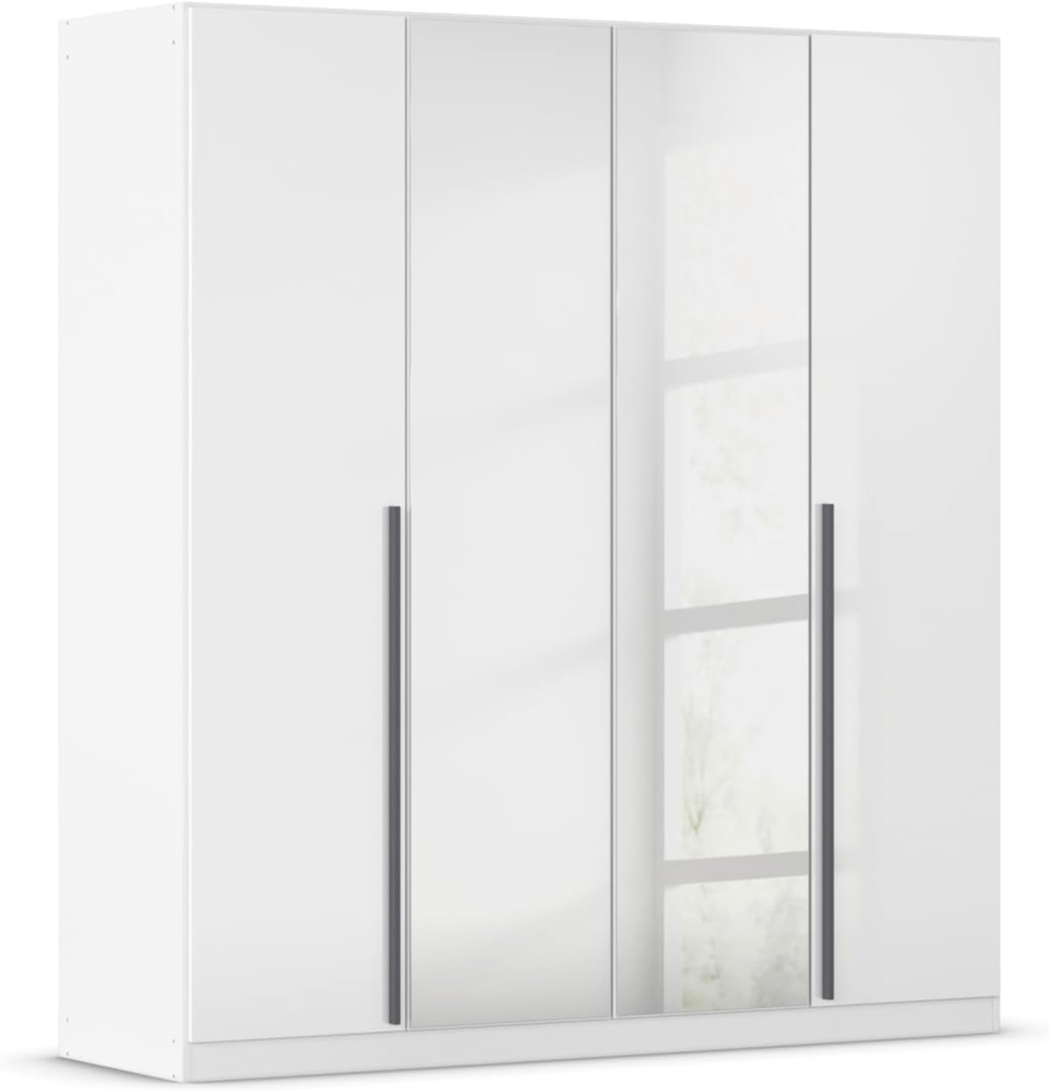rauch Kleiderschrank Alba, Drehtürenschrank, Garderobenschrank, 4-türig, mit Spiegel, mit 2 Kleiderstangen und 2 Einlegeböden, Farbe Hochglanz Weiß/Weiß, Griffstange Grau metallic, Schwarz, 181x197x54cm Bild 1