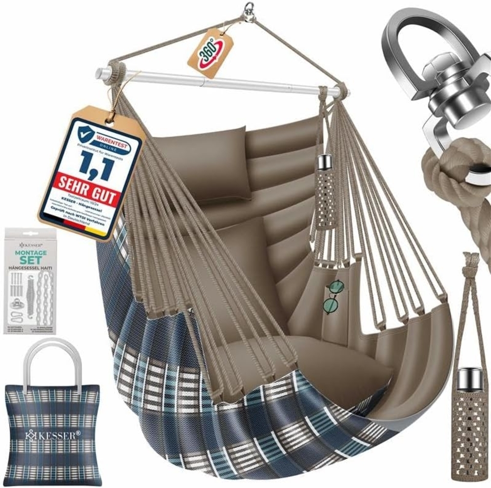 KESSER® Hängesessel Haiti 150kg Traglast, Hängestuhl 360° Drehung, Hängeschaukel Indoor-Outdoor UV-beständig & Wasserfest, Pflegeleicht, Inkl. 2 Kissen, Tragetasche, Flaschenhalter & Montage-Set Mocca Bild 1
