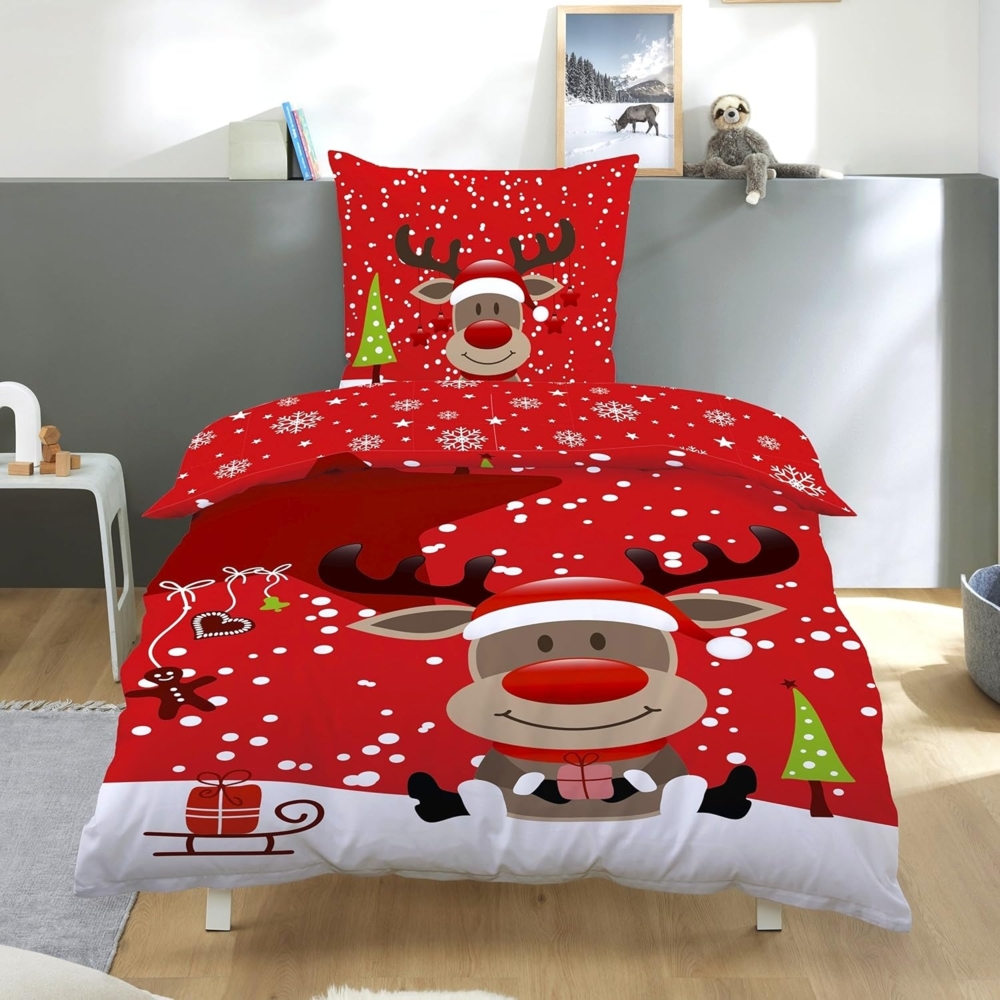 Weihnachts-Bettwäsche rot weiß mit Rentier Motiv 135x200 80x80 cm Flanell mit Reißverschluss Bild 1