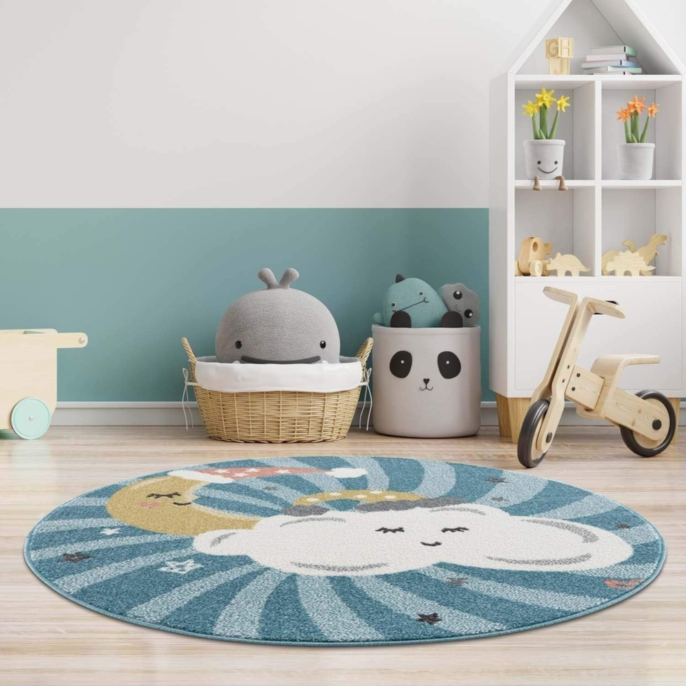 carpet city Kinderteppich Kinderzimmer Blau - 120 cm Rund - Mond Wolken Sterne - Kinderzimmerteppiche Mädchen Jungen - Babyzimmer-Teppich - Spielteppich Bild 1