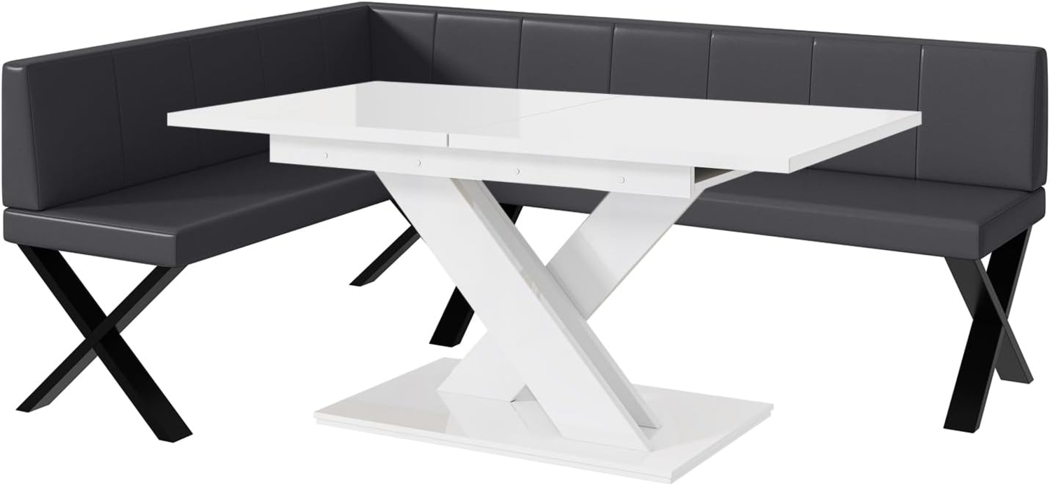 MEBLINI Eckbank für Esszimmer mit ausziehbarem Tisch - Küchenbank - Essecke - Sitzecke Küche - PETER - X-Beine 142 x 196 x 87 cm Links - Grau Kunstleder/B Weiß Hochgl. Bild 1