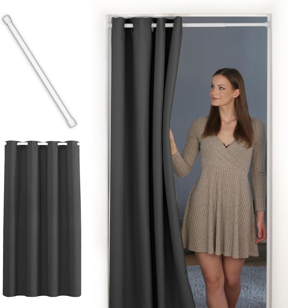 tinycurtains Türvorhang mit Stange weiß 70-120 cm Thermo Vorhang ohne Bohren, blickdicht, Ösen, verdunkelnd, Polyester, blickdicht, Anthrazit Nebula, Türgardine mit Klemmstange verdunkelnd Bild 1