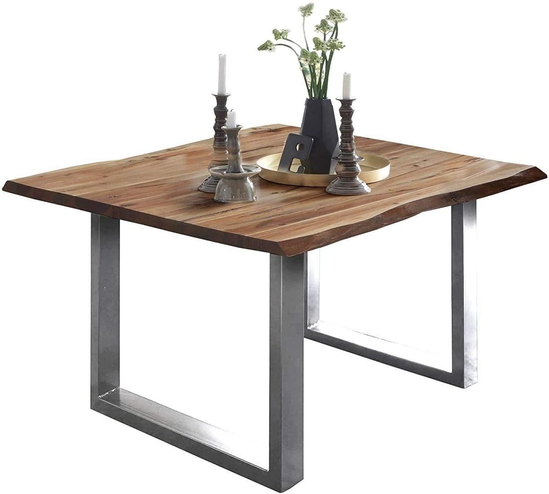 SAM Baumkantentisch 80x80 cm Mephisto, Akazienholz massiv + naturfarben lackiert, Esstisch mit Edelstahl U-Gestell gebürstet, Esszimmertisch/Holztisch im Industrial-Design, Tischplatte 26 mm Bild 1