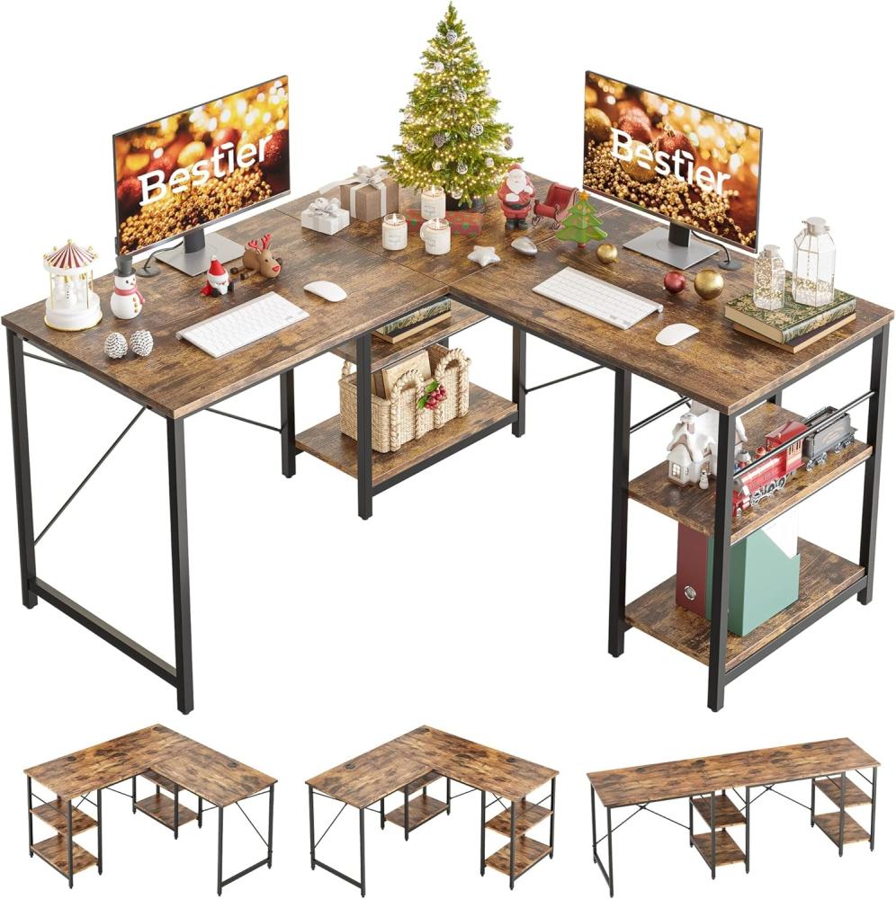 Bestier L-förmiger Schreibtisch mit Regalen Reversibel Eckschreibtisch 220CM Industrieller Langen Tisch Stabil Schreibtisch L Form Computer Workstation mit 3 Kabellöchern Bild 1