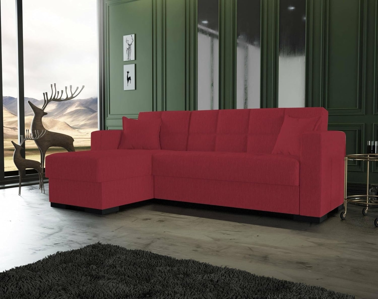 Dmora - Schlafsofa mit Halbinsel Fernando, Wende-Ecksofa, Wohnzimmersofa mit Chaiselongue und 2 Kissen, 230 x 150 x 81 cm, Rot Bild 1