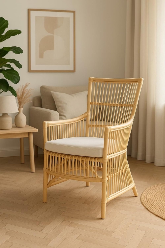 Rattansessel "Clarissa" handgeflochten, mit Armlehnen, naturfarben gebeizt, inkl. Kissen Bild 1