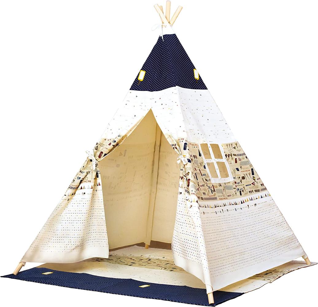 Bino Spielzelt TeePee, Zelt Kinderzimmer (Kinder Tipi Zelt, Spielhaus für Kinder ab 3 Jahre, drinnen & draußen geeignet, bedruckt mit Indianer Motiven, Größe 120 x 120 x 150 cm), Blau-Beige Bild 1