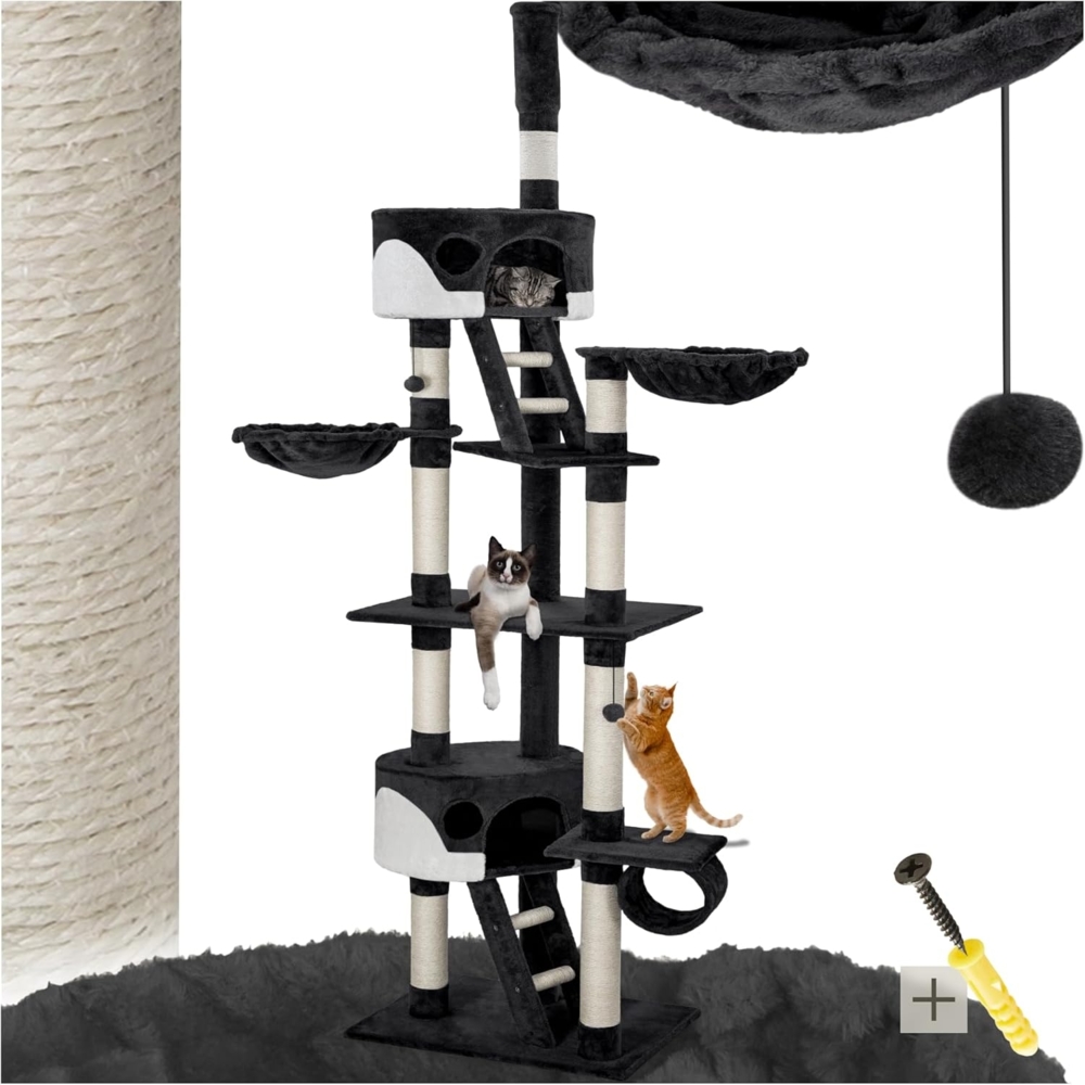 tectake Kratzbaum Katzenbaum Hansi 260 cm - Diverse Farben - Schwarz-Weiß, Vielseitig mit robusten Sisalstangen und Plüschoberfläche Bild 1
