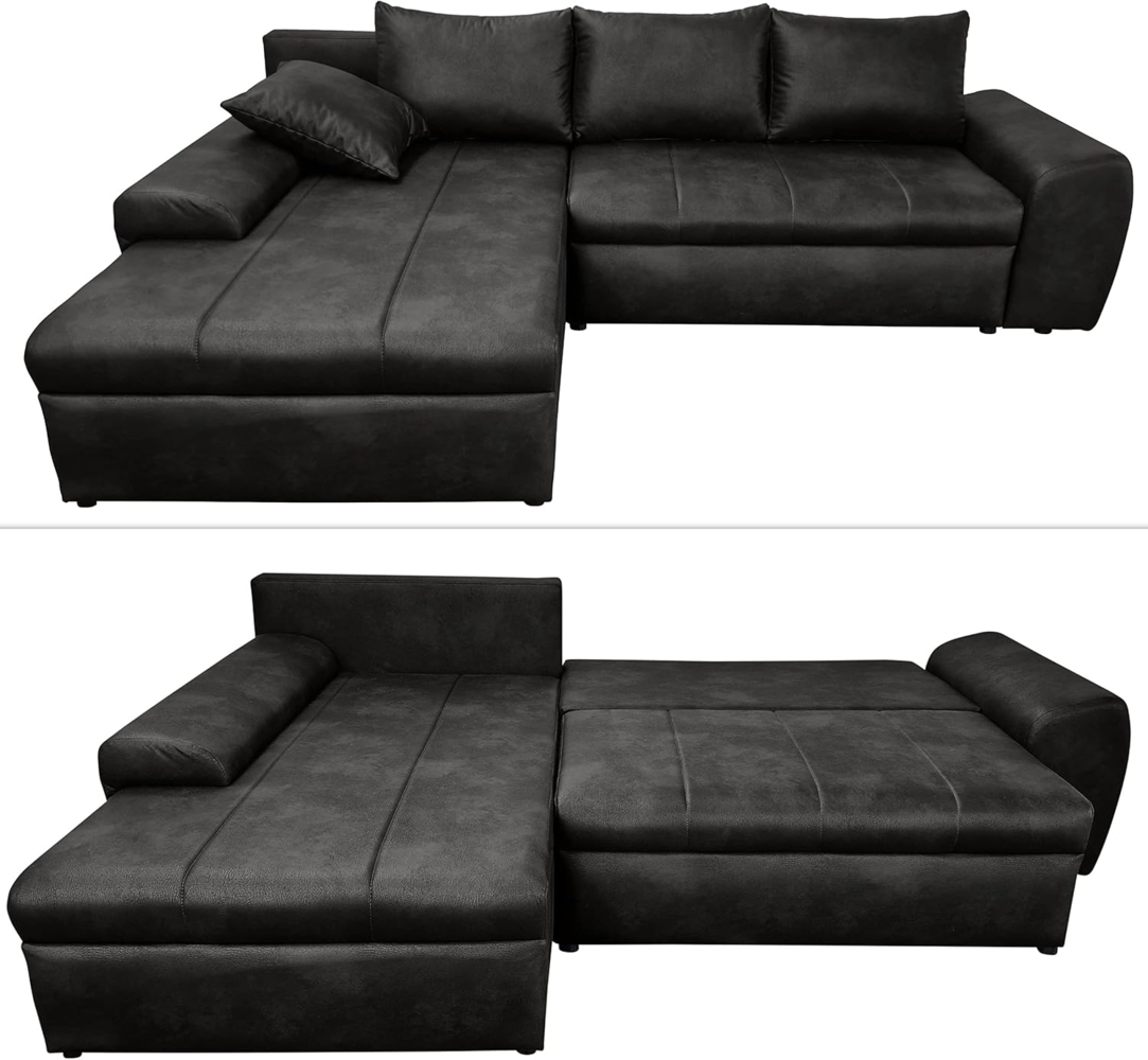 luma-home Ecksofa 18016, mit Bettfunktion 266x186 cm, Ottomane links, Federkern im Rücken, Wellenunterfederung,Bettkasten, Mikrofaser Leder-Optik Vintage Schwarz Bild 1