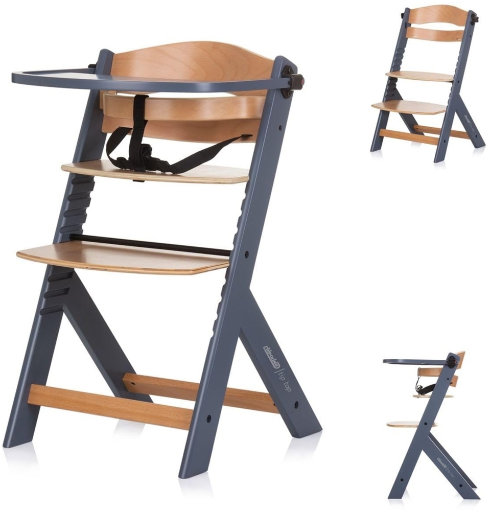 Chipolino Kinderhochstuhl Tip Top, Holz, verstellbar, Tisch, Gurt, Treppenstuhl grau Bild 1