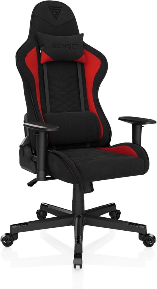 SENSE7 Gaming Stoff Spellcaster Bürostuhl Zocker Gamer Ergonomischer Stuhl Armlehne Einteiliger Stahlrahmen Einstellbarer Neigungswinkel Schwarz-Rot, 43-52 x 69,5 x 57 Bild 1