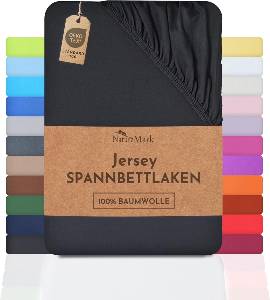 NatureMark Jersey Spannbettlaken, Spannbetttuch 100% Baumwolle in vielen Größen und Farben MARKENQUALITÄT ÖKOTEX Standard 100 | 200x220 cm +40 Steg - schwarz Bild 1