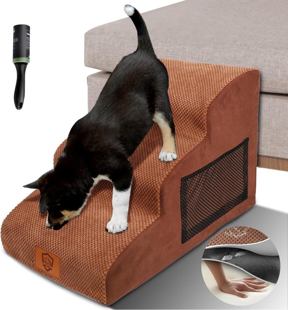 Zvonema Hundetreppe – 40 cm hoch, 3-stufige Hundetreppe, Haustiertreppe mit waschbarem Plüschbezug, Hunderampe für Sofa und Boxspringbett, rutschfeste Haustierleiter, inkl. Fusselrolle Bild 1