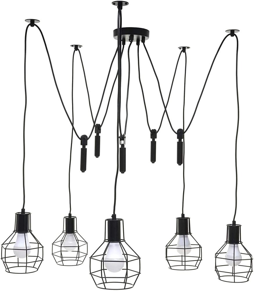 Pendelleuchte HWC-H85, Hängelampe Hängeleuchte, Industrial Metall höhenverstellbar schwarz ~ 5x Gitterlampenschirm Bild 1