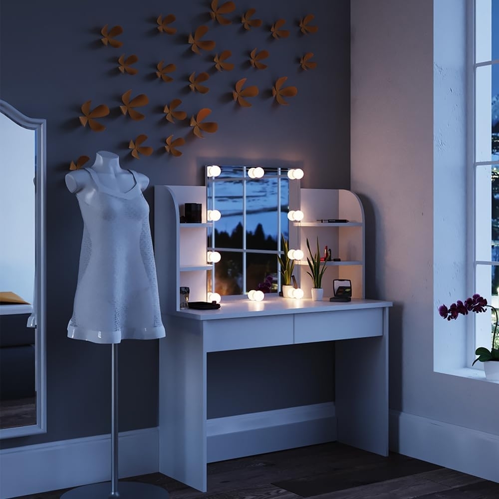 Vicco Schminktisch Weiß 108 cm mit LED Beleuchtung, Charlotte Bild 1