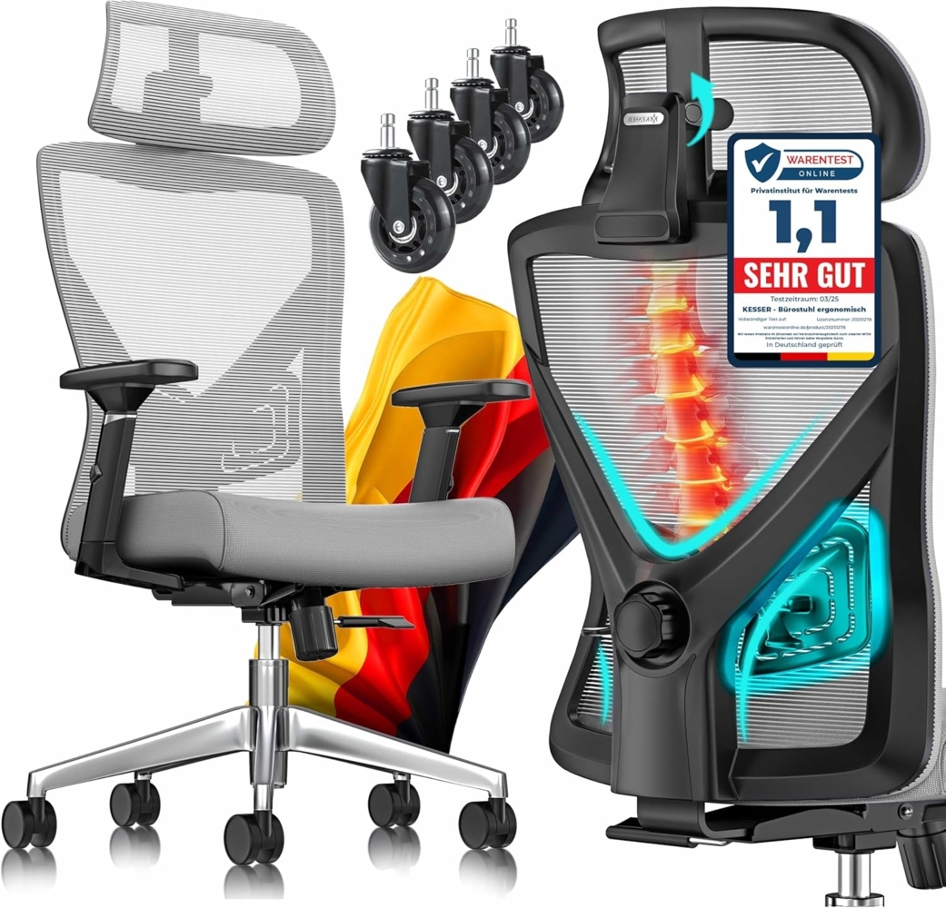 KESSER® Bürostuhl mit verstellbaren Armlehnen | Drehstuhl mit Lendenwirbelstütze Rückenschonend | Schreibtischstuhl ergonomisch mit Kopfstütze | Office Chair Wippfunktion bis 125° mit 5x Gummirollen Grau / Silber Bild 1