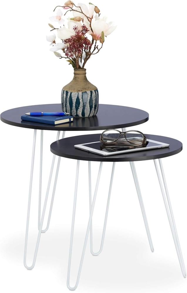 Relaxdays Beistelltisch 2er Set, rund, Satztische Flur, Wohnzimmer, Couch, klein, 3 Metallbeine, Ø 40 und 48 cm, schwarz Bild 1