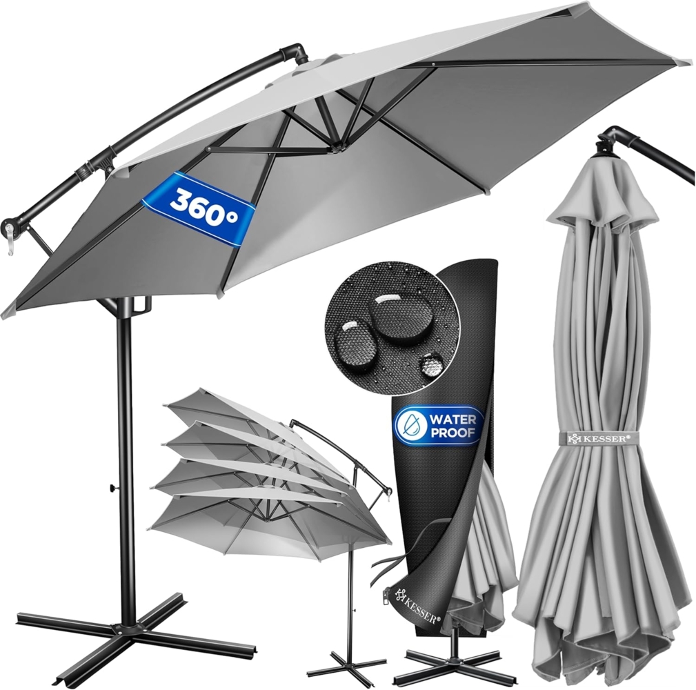 KESSER® Alu Ampelschirm Sonnenschirm + Abdeckung Ø300 cm / Ø350 cm mit Kurbelvorrichtung Kurbelschirm mit Ständer UV-Schutz Aluminium Wasserabweisende Bespannung - Schirm Gartenschirm Marktschirm 300cm, Hellgrau Bild 1