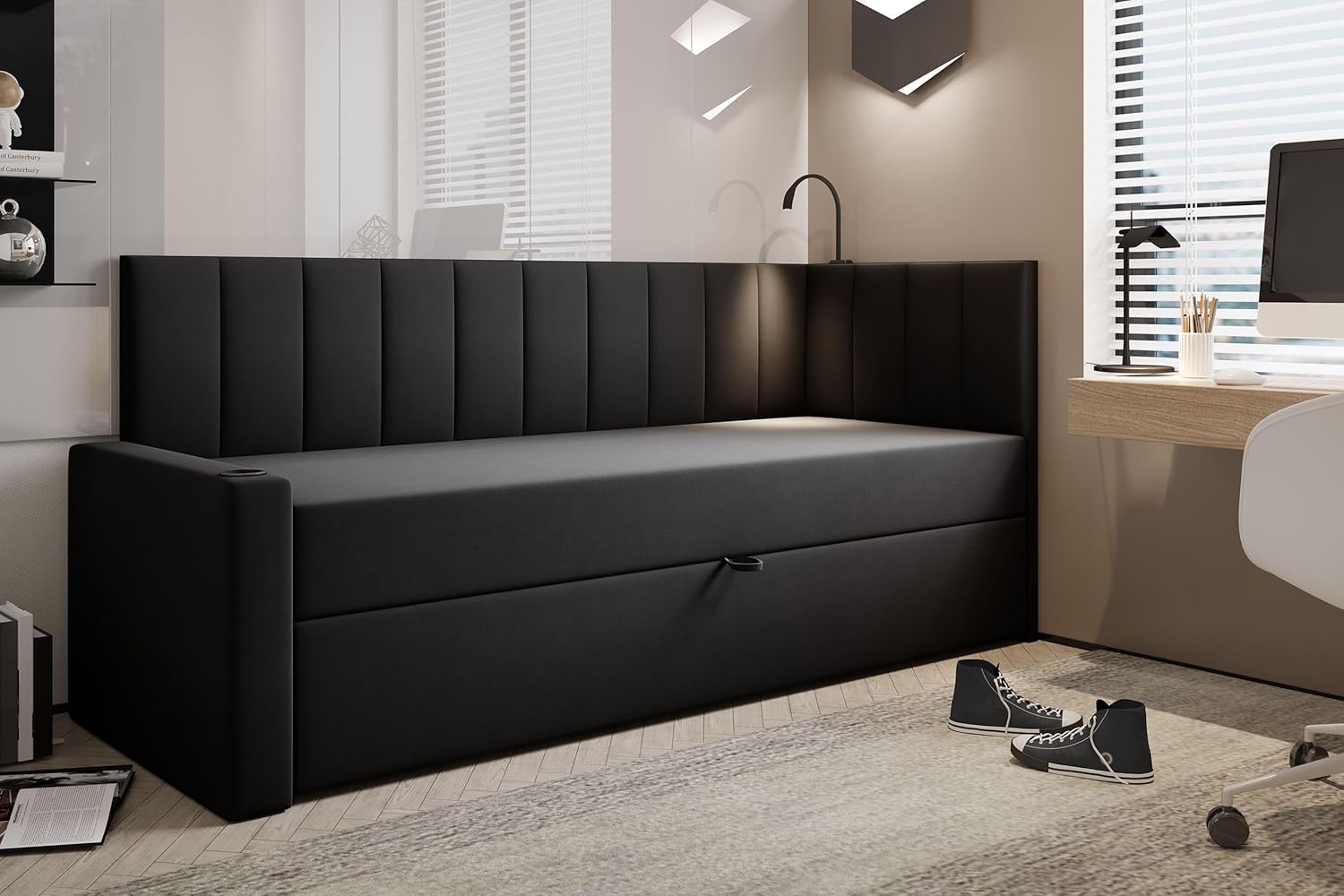 TRADA Boxspringbett TOKIO - Bett mit Lampe, Getränkehalter, USB-C (Bett + Matratze), Mit seitlichem Bettkasten, Lampe, USB-C & Getränkehalter Bild 1