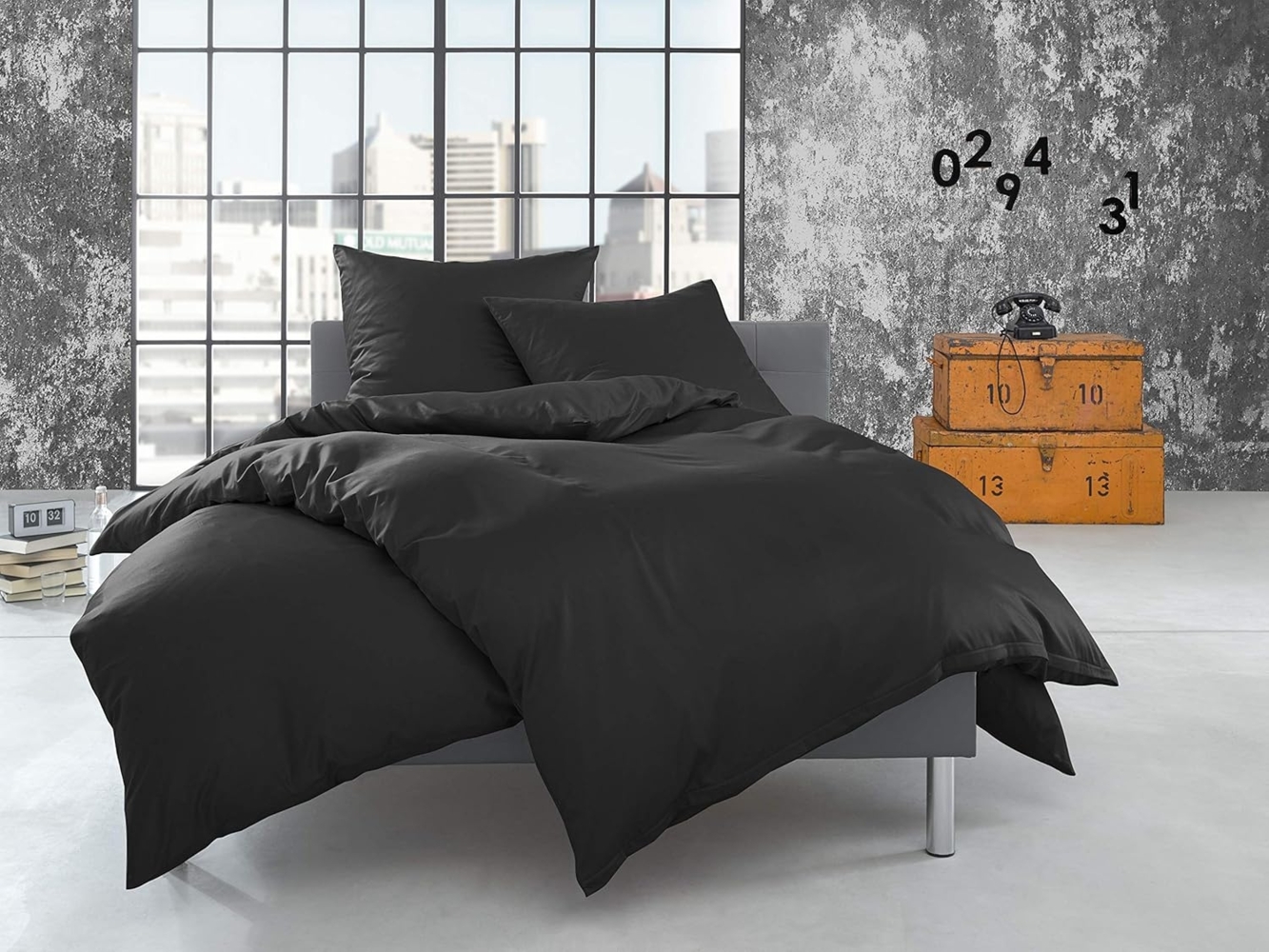 Bettwaesche-mit-Stil Flanell Bettwäsche uni / einfarbig anthrazit Garnitur 140x200 + 70x90 cm Bild 1