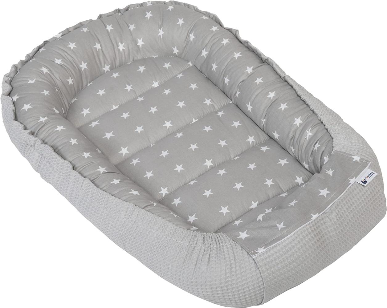 Medi Partners Babynest Kuschelnest Babynestchen 100% Baumwolle Waffle Nestchen Reisebett für Babys Säuglinge 100x60x15cm Sicherer Verschluss (‎Sternen mit Grauen Waffle) Bild 1