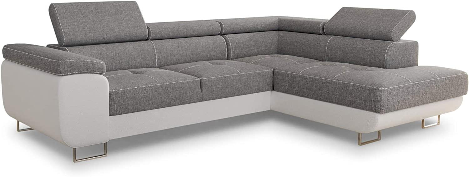 Ecksofa Caris mit Schlaffunktion und einstellbare Kopfstützen, Wohnlandschaft, Couchgarnitur, Bettkasten, Sofagarnitur, Couch, Sofa (Weiß + Grau (Soft 017 + Sawana 21), Ecksofa Rechts) Bild 1