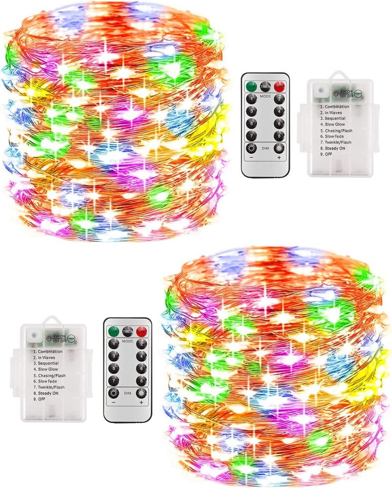 Lichterkette Aussen, 2 Stück 10M 100 LED 8 Modi Kupferdraht Lichterkette Akku, Wasserdichte IP68 mit Fernbedienung und Timer für Weihnachten Partys Garten Hochzeiten Dekoration, Bunt Bild 1