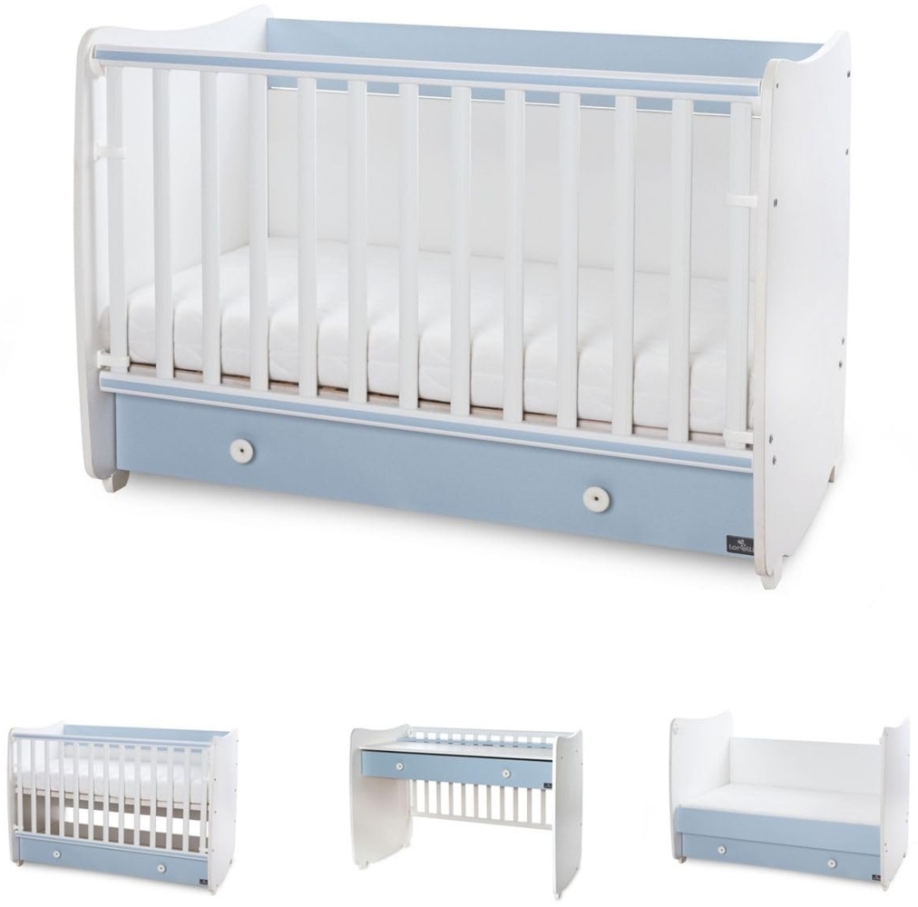 Lorelli Babybett Dream 70 x 140 cm umbaubar Kinderbett Schaukelbett Schreibtisch weiß blau Bild 1