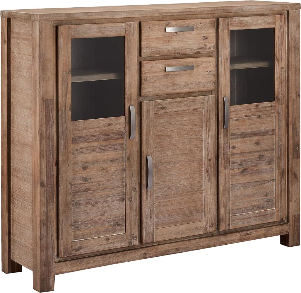 Ibbe Design Vitrineschrank Alaska, Braun Lackiert, Massiv Akazie Holz, mit Glastüren und 2 Schubladen, 160 x 45 x 140 cm Bild 1