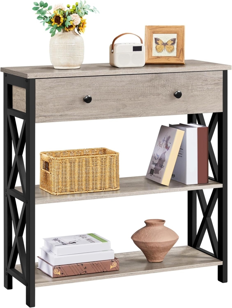 Yaheetech Konsolentisch Beistelltisch mit 1 Schublade und 2 offenen Ablagen 3-Stufiger Flurtisch mit Metallrahmen Schmaler Sofatisch Industrie Design Sideboard für Wohnzimmer/Flur/Eingang Bild 1