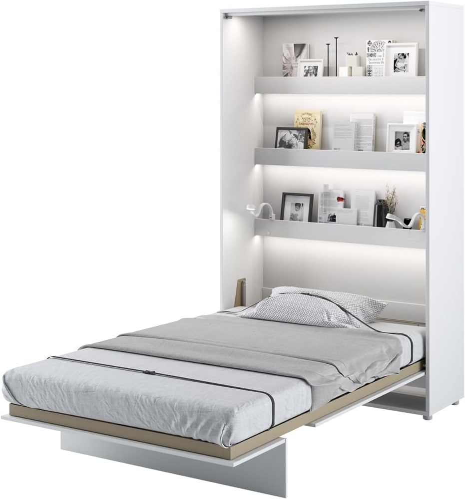 MEBLINI Schrankbett Bed Concept - BC-02 - 120x200cm Vertikal - Weiß Hochglanz/Weiß mit Matratze - Wandbett mit Lattenrost - Klappbett mit Schrank - Wandklappbett - Murphy Bed - Bettschrank Bild 1