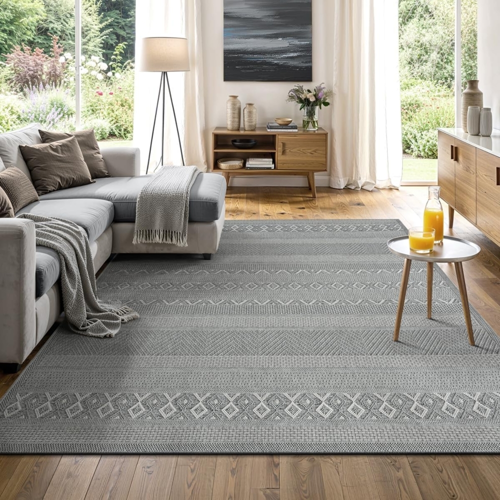 the carpet Calgary - robuster Teppich, Flachgewebe, modernes Design, ideal für Küche und Esszimmer, Vintage-Optik, Boho-Style, besonders flach, auch für den Außenbereich, Grau-Uni, 240x340 cm Bild 1