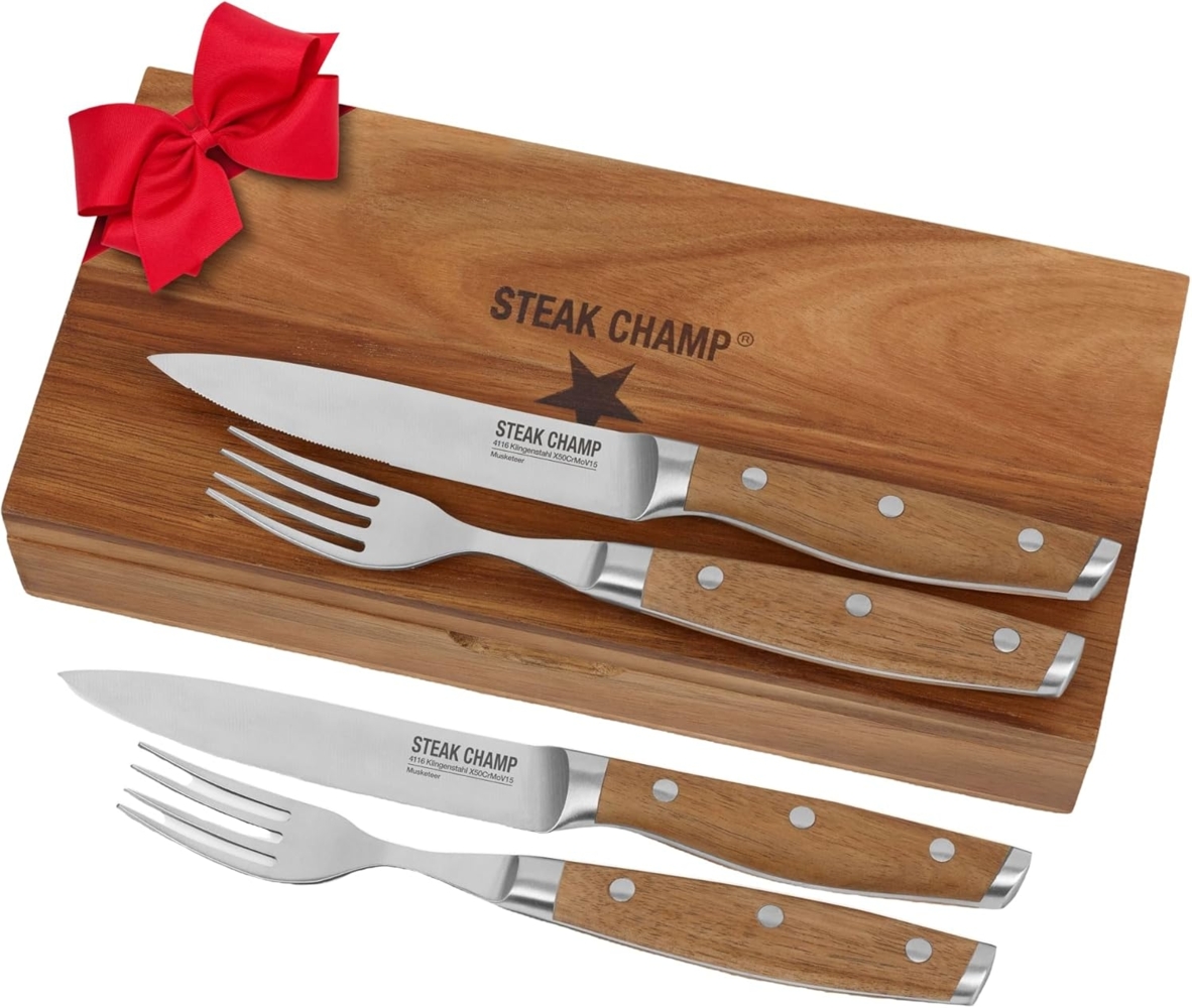 STEAK CHAMP Besteckset Paar - Akazienholz - in Massivholz Geschenkbox Bild 1