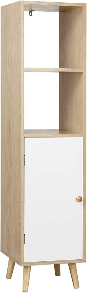 WOLTU Bücherregal Bücherschrank Standregal Lageregal Aufbewahrungregal Raumteiler Büroregal mit Tür mit Holzbeine, MDF, Hell Eiche + Weiß, 33 x 30 x 133 cm SK017hei Bild 1