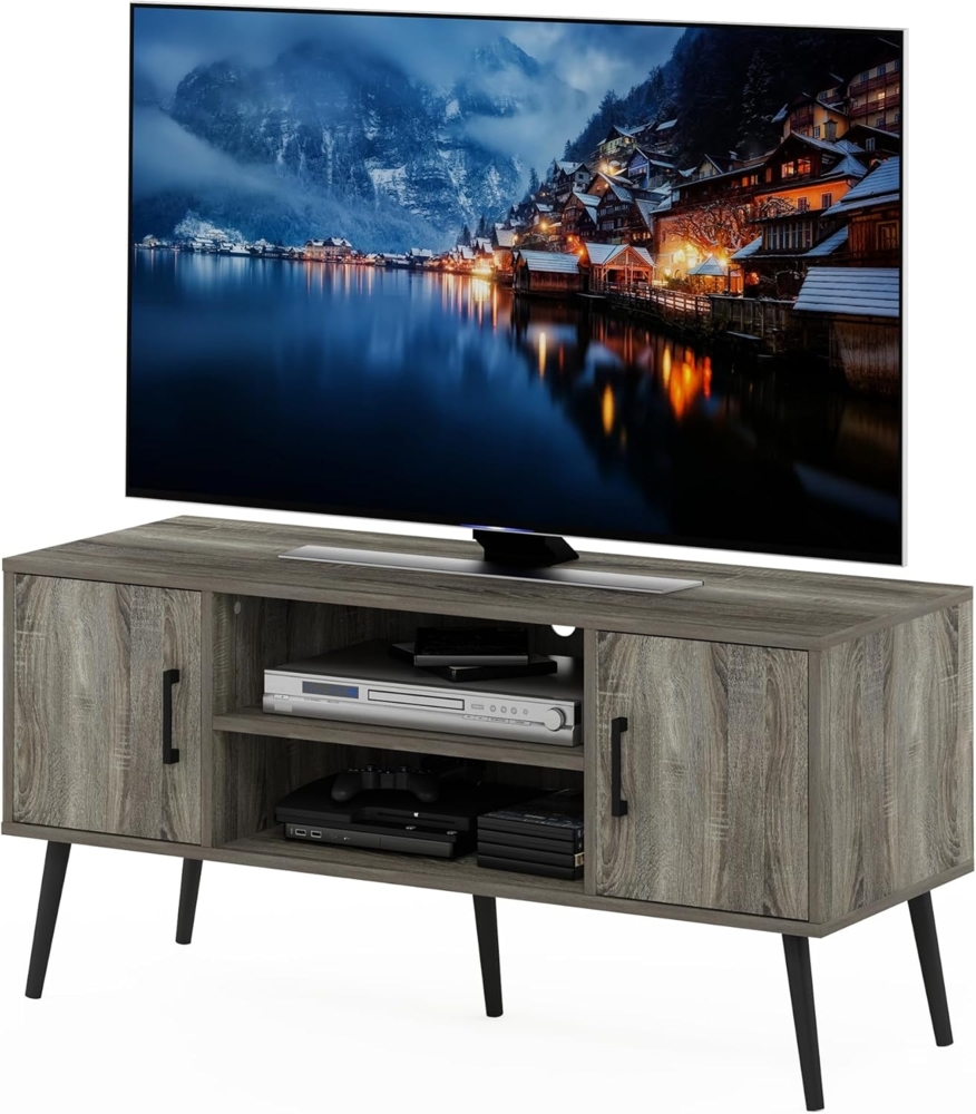 Furinno Claude TV-Ständer mit Holzbeinen im Mid-Century Stil, Französische Eiche, Two Cabinets Bild 1