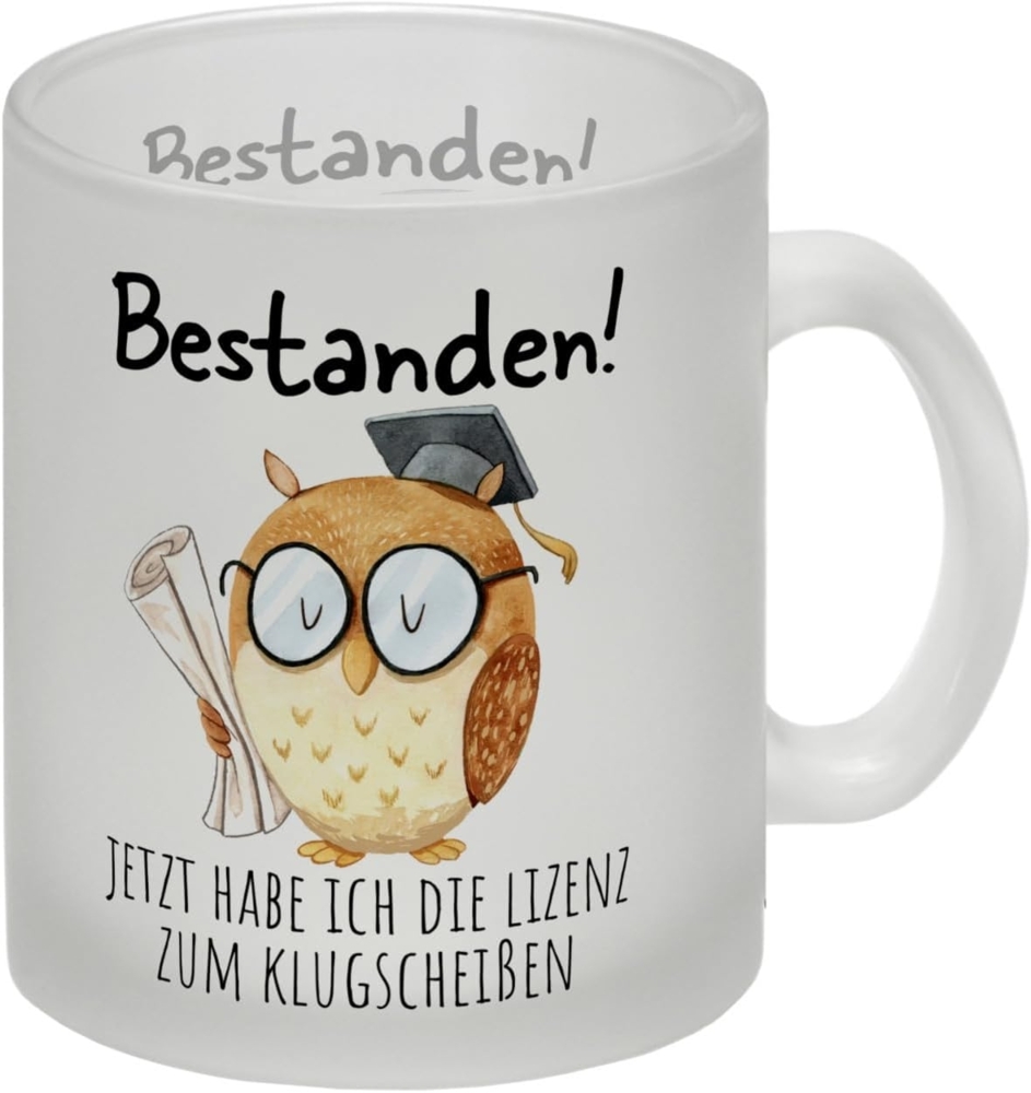 speecheese Tasse Bestandene Prüfung Eule Glas Tasse mit Spruch Lizenz zum Klugscheißen Bild 1