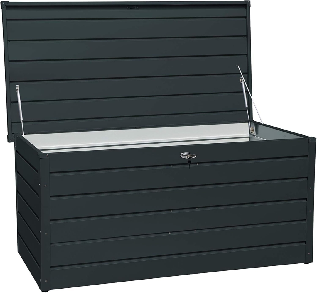 Duramax Palladium Kissenbox aus Metall XL (1043 L) mit hydraulischer Gasdruckfeder und abschließbarem Griff mit Schlüssel, Terrassenbox und Gartenmöbelaufbewahrung, Anthrazit Bild 1