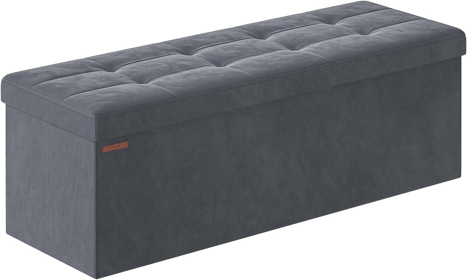 Songmics Sitzbank mit Stauraum aus Samt, klappbare Sitztruhe, 2 extra Aufbewahrungsboxen, 38 x 110 x 38 cm, bis 300 kg belastbar, für Flur, Wohnzimmer, Schlafzimmer, schiefergrau LSFDE277G01 Bild 1