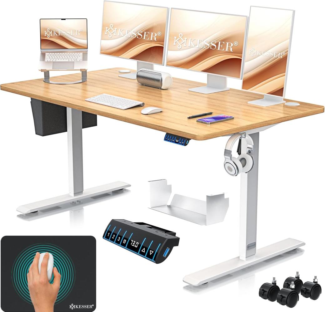 KESSER® Höhenverstellbarer Schreibtisch elektrisch | Ergonomisch Steh-Sitz Schreibtisch | 3-Funktions-Memory Steuerung | Inkl. 360° Rollen & USB-Ladeanschluss | Computertisch für Homeoffice Beige, 160x70 cm Bild 1