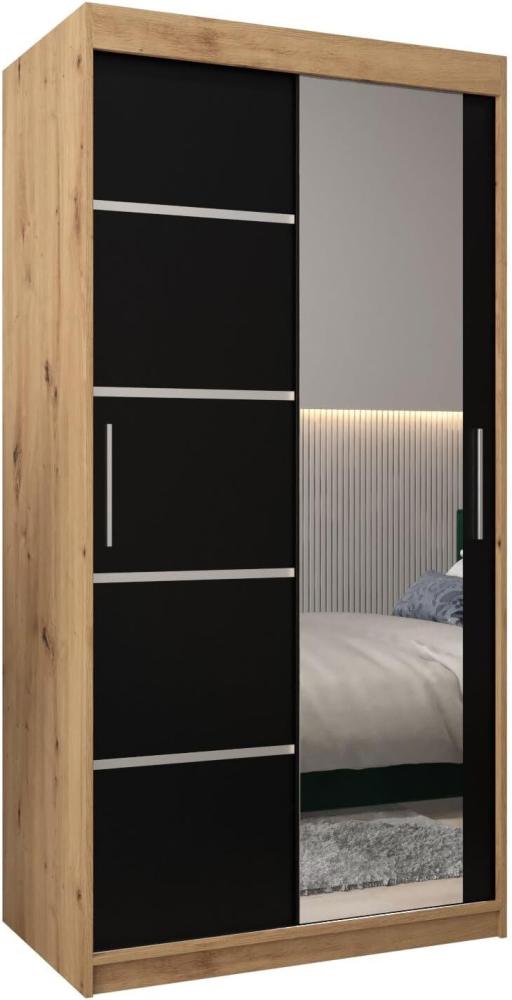 Schwebetürenschrank Verona 2-100 cm mit Spiegel Kleiderschrank mit Kleiderstange und Einlegeboden Schlafzimmer- Wohnzimmerschrank Schiebetüren Modern Design (Artisan Eiche + Schwarz) Bild 1