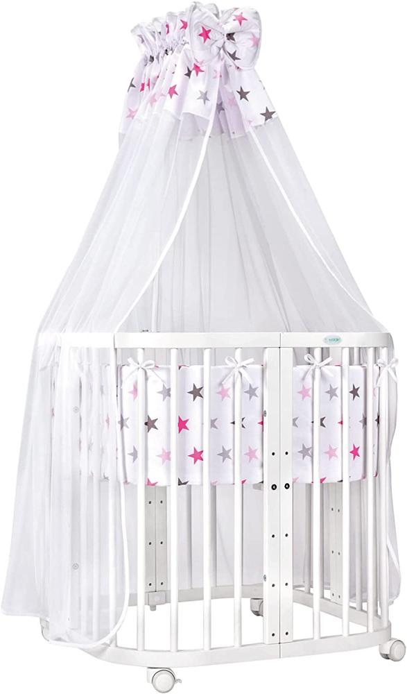 Waldin Babybett aus Holz 7in1 mit Matratze, mitwachsendes Kinder-Bett, belüftet, Boden 5-fach verstellbar, All-Inclusive-Set Holz weiß, Stoffe Sterne pink Bild 1