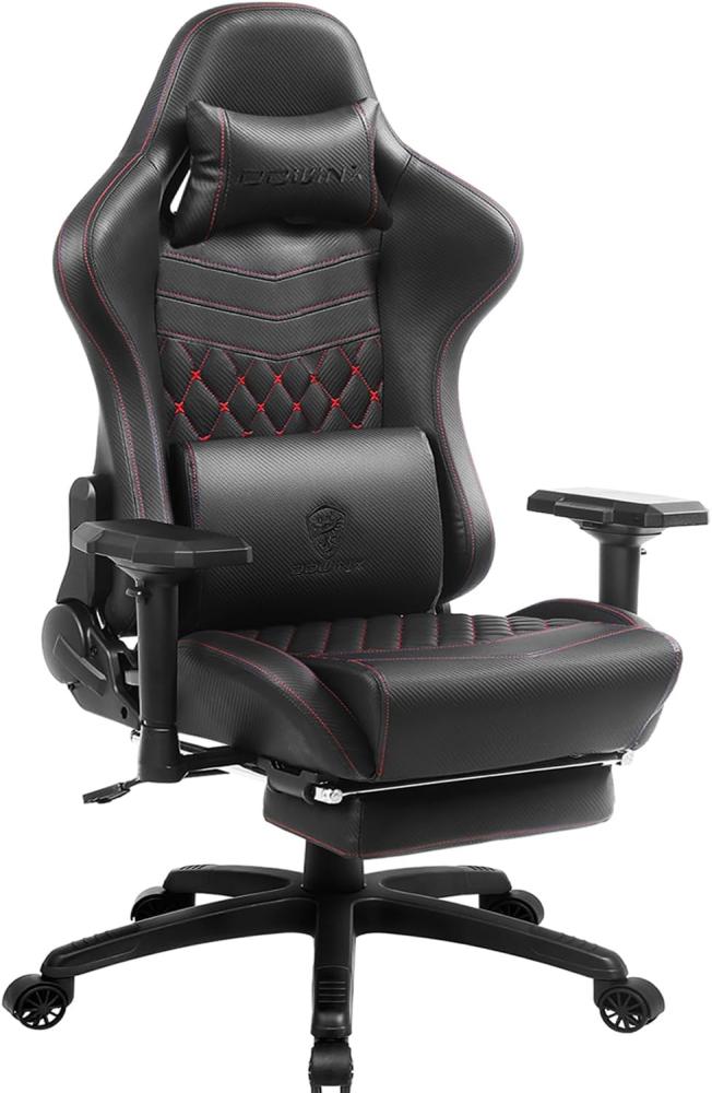 Dowinx Gaming Stuhl Ergonomischer Rennstil mit Massage Lendenwirbelstütze Bürosessel für Computer PU-Leder mit versenkbarer Fußstütze (Schwarz) Bild 1